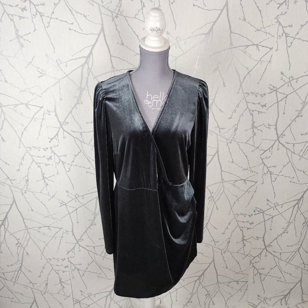 Wild Fable Gray Velvet Stretch Ruched Faux Wrap Dress